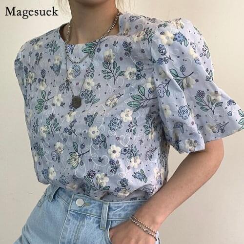 Korean Elegant Floral Shirts Summer Vintage Puff Short Sleeve Printed Women Blouses Female Chic Ladies Tops Blusas Mujer 14907