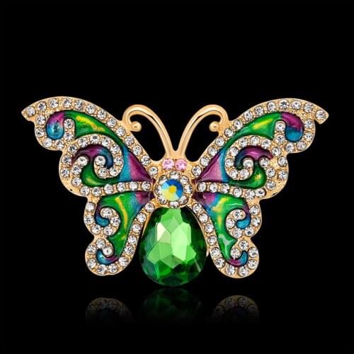Vintage Female Enamel Butterfly Brooch Charm Gold Color Jewelry Brooch For Women Cute Green Zircon Pin Dress Coat Accessory