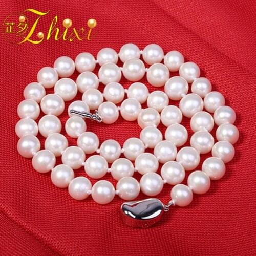 ZHIXI Pearl Necklace Women Fine Jewelry Freshwater Pearl Necklace 8-9mm Near Round Classic Anniversary Gift Stone Beads S-01
