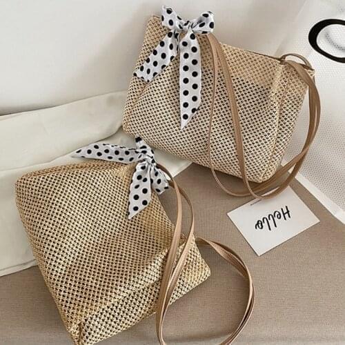 Womens Straw Handbags Large Capacity With Vintage Silk Ribbon Underarm Shoulder Bags for Travel Shopping