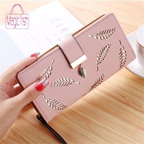 Magic Fish Women Wallet PU Leather Purse Female Long Wallet Gold Hollow Leaves Pouch Handbag Women Coin Purse Card Holder Clutch