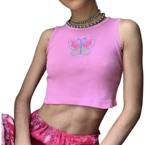 Ladies Summer Round Collar Top Leisure Style Butterfly Embroidery Sleeveless Midriff-baring Camisole Slim Base Shirt