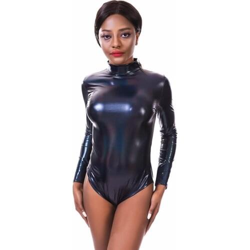 Women Body Metallic Outfit Long Sleeve Shiny Spandex Bodysuit Leotard Dance Clothes Pole Dance Costume Sexy Bodycon Gymnastics