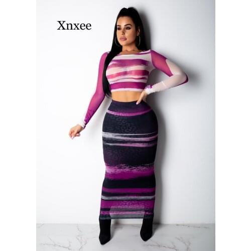 Beach boho Casual Striped Two Pieces Women Set High Elasticity Mesh Long Sleeve Crop Top Ankle Length Skirt Fashion Ladies Suits