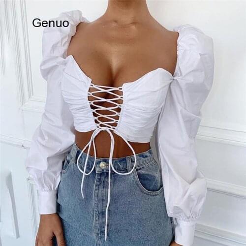 Ladies Puff Sleeve Strapless Top White Shirt Sexy Solid Hollow Lace Top Women Top