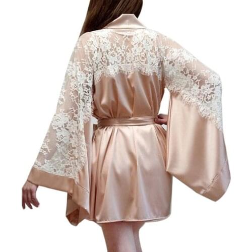 Lace Long Batwing Sleeve Home Sexy Robes For Women Floral Patchwork Lingerie Night Nightgown Bowknot Sash