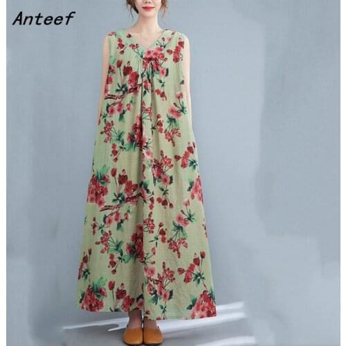 Sleeveless cotton linen vintage floral dresses for women casual loose long woman summer dress elegant clothes 2021 sundress