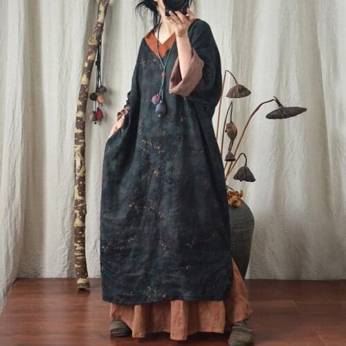 QPFJQD Ladies Retro Print Floral Dresses V-Neck Full Sleeve Fall Robes 2021 Women Linen High Quality Spring Autumn Dress