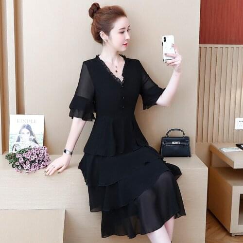 2020 New Summer Dress Vintage Large Size 5XL Short Sleeve Womens Cake Chiffon Dress B379