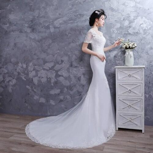 V-neck Mermaid Wedding Dress 2021 Short Sleeve Lace Trumpet Bridal Dress With Train Luxury Boho Wedding Dress Vestido De Novia