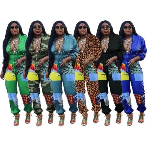 2020 wholesale street wear trouser ladies fashion casual printed zipper jumpsuit women plus size clothing