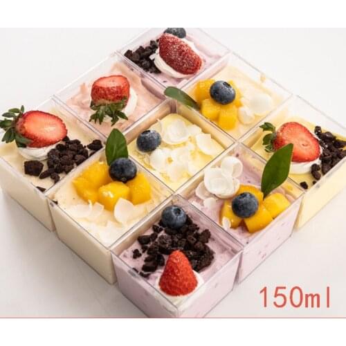 50pcs HIgh quality transparent pudding icec ream cake hard plastic cups 150ml square disposable dessert packaging cups with lid