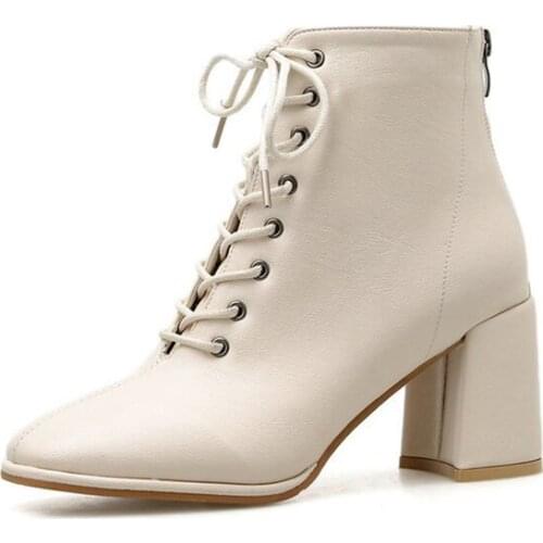 Short Boots Women Thick Heel Mid-Heel Popular High-Heeled Martin Boots Leather Ladies Back Zipper Pointed Warm Leather Boots