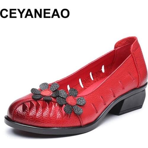 CEYANEAO Summer Autumn Fashion Women Flower Round Toe Shoes Ladies Genuine Leather Casual Slip On Soft Comfortable Shoes