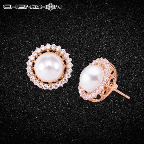 CHENZHON Cute Stud Earrings Rose Gold Color Romantic Party Jewelry Korean Style AAA Cubic Zirconia Pearl Earrings Gift Box Pack