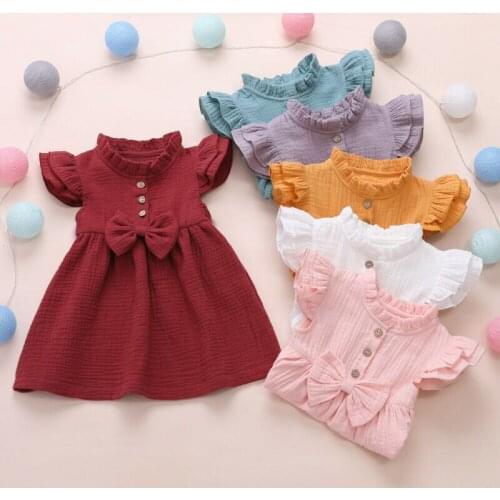 Buttons decor ruffle short sleeve kids dress for toddler baby girl children vesidos dresses