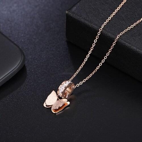 BOBOTUU Titanium Stainless Steel CZ Pendant Necklaces For Women Rose Gold Double-layer Matte Butterfly Clavicle Chain BN20031
