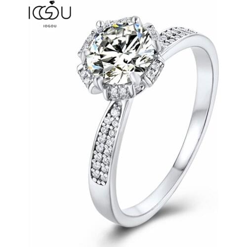 IOGOU Classic Six Claw 1ct Real Moissanite Ring Round Brilliant Cut Diamond Test Passed Moissanite Diamond Halo Rings for Women