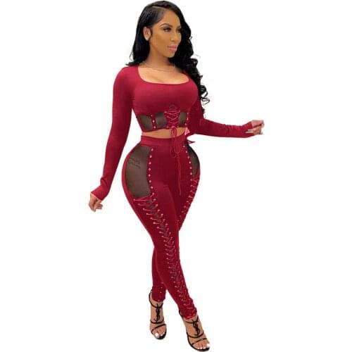 Mesh Sheer Cross Lace Up Fitness Two Piece Club Outfits U Neck Long Sleeve Crop Top and See Through Pencil Legging Partywear