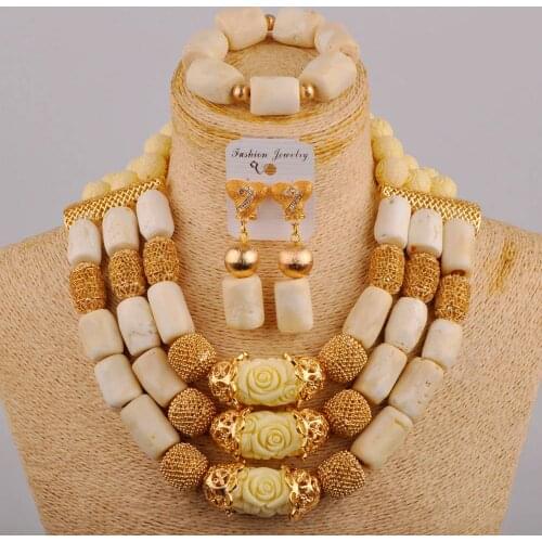 Laanc African Jewelry Set New Designs 3 Layers White Coral Beads Jewellery Set 2021 With Gold Beaded Balls Coral Bridal Set