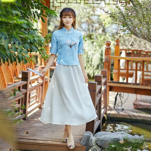 Summer Elegant Blusa Vintage Cheongsam Top Chinese Womans Linen Modern Hanfu Chinese Woman Traditional Skirts and Shirts Set