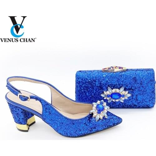 Fashion African Ladies Matching Shoe and Bag Pu Italian Shoes and Bags Set in blue Color Mature Style New Arrivals Sandals