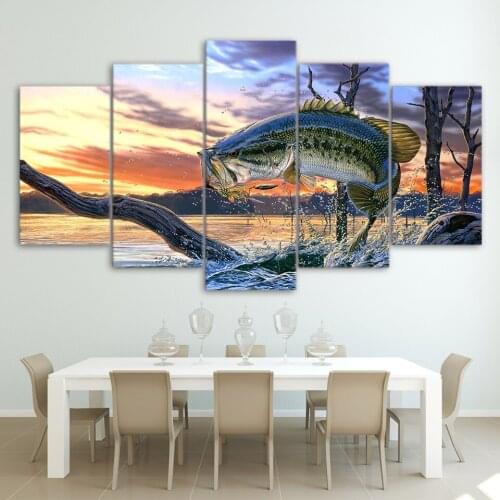 Modular Canvas Wall Art Pictures Home Decor Living Room Modern HD Prints Poster 5 Pieces Jumping Bass Fishing Painting No Frame