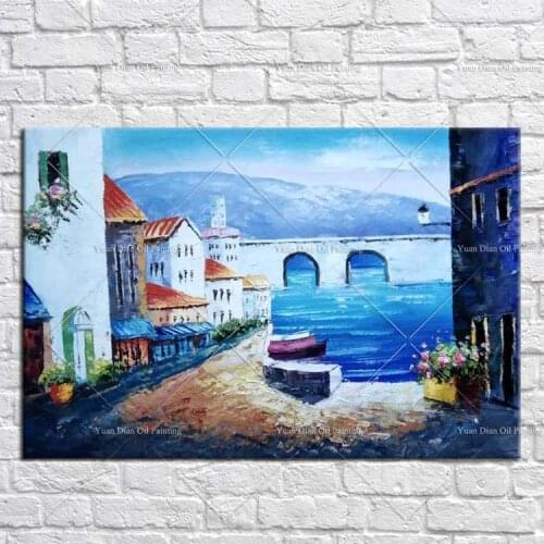 Bridge Sea Building Hand Painted Abstract Oil Painting Hang Paintings Modern Landscape Paintings Canvas Painting For Living Room