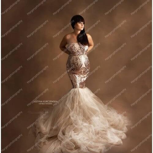 2021 New Designer Maternity Dresses For Photo Shoot Slash Neck Sleeveless Mermaid Plus Size Sequins Tulle Pregnancy Dress
