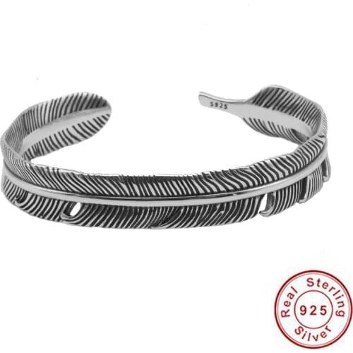 925 Sterling Silver color Feather Shape Open Cuff Bangle Bracelet for Men or Women Puck Classic Retro Style Fine Jewelry Gifts