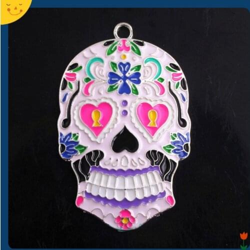 OYKZA Custom New Halloween Skull 5pcs Alloy Enamel Pendants for Chunky Necklace Keychain Accessory 56x35mm