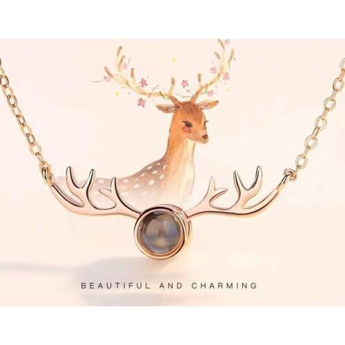 Fashion Pendant Necklace 100 Languages I Love You Projection Cute Elk horn Rhinestone Charms For Women Memory Jewelry Gifts