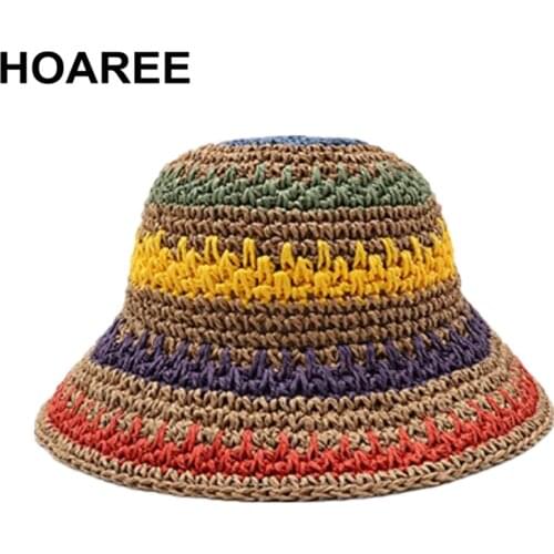 HOAREE Womens Sun hat Beach Travel Summer Hat Bohemian Crochet Straw Hat Colorful Stripe Wide Brim Foldable Ladies Sun Hat
