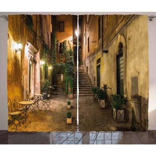 European Town Curtains Italy Rome Alley at Night Time Satin Fabric Drapes for Living Room Bedroom 2 Panel Window Set