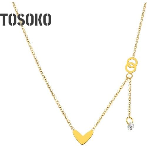 TOSOKO Stainless Steel Jewelry Peach Heart Double Ring Necklace Tassel With Zircon Sweet Clavicle Chain For Women BSP608