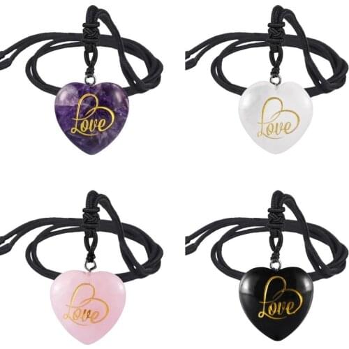 TUMBEELLUWA Heart Carved Natural Chakra Crystal Pendant Necklace,Healing Energy Love Engraved Gem Stone Nylon Cord Charm Jewelry