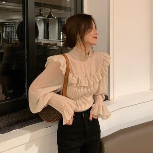 Ruffles Knitted Sweaters Fashion Brand Womens Clothing Slim Crop Top Pullovers Korean Clothes Perspective Autumn Style New