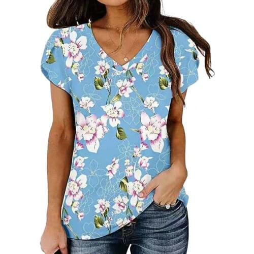 New Stylish Petal Sleeve Women T-shirt Floral Print Streetwear V Neck Loose Casual Blouse for Party