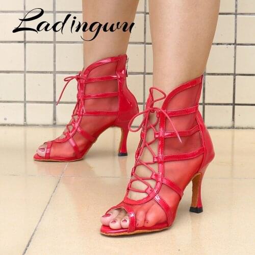Ladingwu Woman Latin Dance Shoes Red Beige Ballroom Dance Boots Women Salsa Tango Dancing Shoes Girls Soft Bottom Sandals
