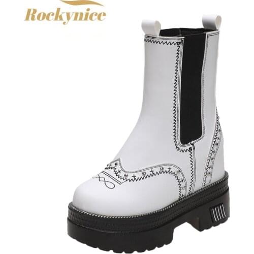 Aurumn Womens Mid-Calf Boots New 2021 Chunky British Punk Shoes Winter High Heel Motorcycle Boots For Woman Shoes Sneakers 10cm