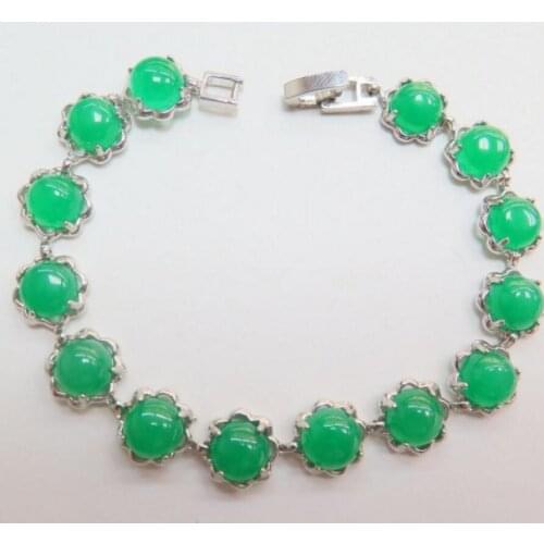 New hot New White Alloy & Green Flower Jade Jadeite Bead Womens Bracelet 7.3"