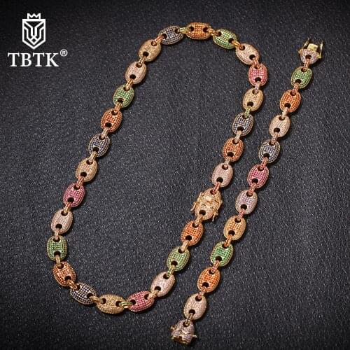 TBTK Wholesale 12mm Puffed Marine Fat Chain Link Necklace NE+BR Gold Cubic Zirconia Jewelry Sets Luxury Multicolor Unisex