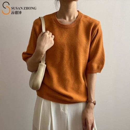 Women Sweater Autumn Fall Half Sleeve Knitted Tops Round Neck Lady Pullovers Cozy Leisure Casual Loose Elegant Orange Camel New