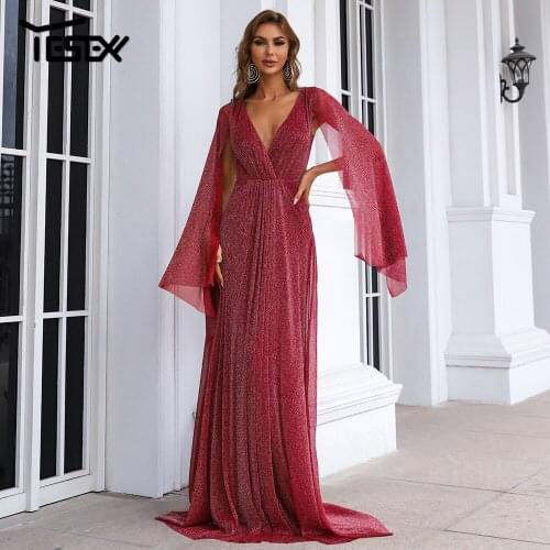 Yesexy 2021 Womens Dress Sexy Maxi Deep V Neck Glitter Back Belt Elegant Party Vestidos Long Sleeve Wine Evening Dresses