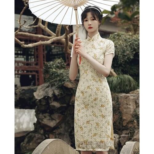 Summer Womens Dress Chiffon Cheongsam Chinese Style Traditional Qipao Classic Vintage Floral Embroidery Oriental Ladies Outfit