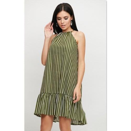 Women Vintage Striped Printed Ruffled A-line Dress Sleeveless O neck Green Color Mini Dress 2021 Summer New Fashion Women Dress