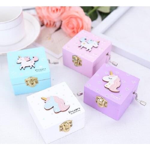 Unicorn Wooden Music Box Jewelry Musical hand-Cranked Girls children Kids Birthday Games Souvenir Gift Box House Decoration