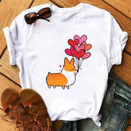 Harajuku Corgi Printed T Shirt Woman Tshirts Cute Kpop White Animal Dog Tshirt Summer Soft Short Sleeve Graphic T Shirts