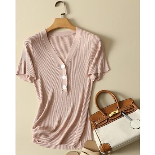 Lightweight Solid Knitted Button Women T-Shirts Summer New Design 2021 V-Neck Slim Elastic Elegant Office Lady Pulls Tops Tees