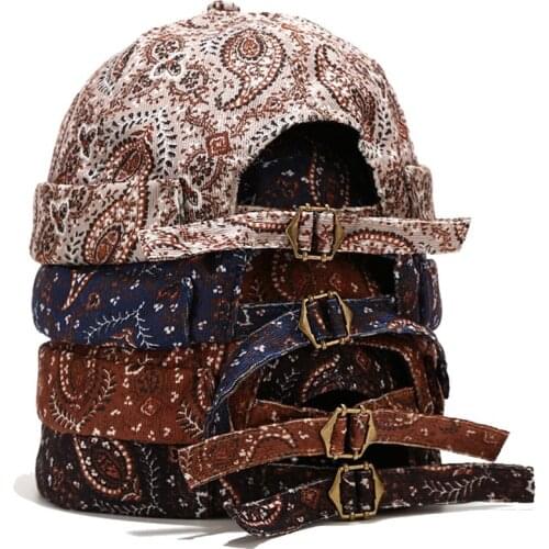 Men Women Skullcap Sailor Cap Cashew Flower Print Warm Rolled Cuff Bucket Hip Hop Cap Summer Brimless Hat Adjustable Cotton Hats